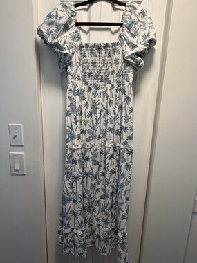 Show Me Your MuMu Norma Midi Dress- Blue and White Smocked Dress - Large